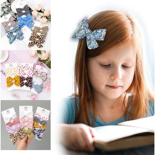 4 Pcs/set Cotton Linen Leopard Print Hair Bows With Clip For Girls Plaid Hair Clips Barrettes Hairpins Headwear Hair Accessories
