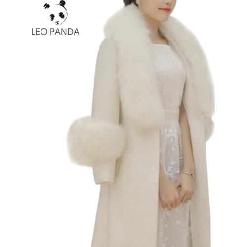 Winter 2020 New Female Real Oversized Fox Fur Collar 100% Wool Jacket High Quality Long White Woolen Coat
