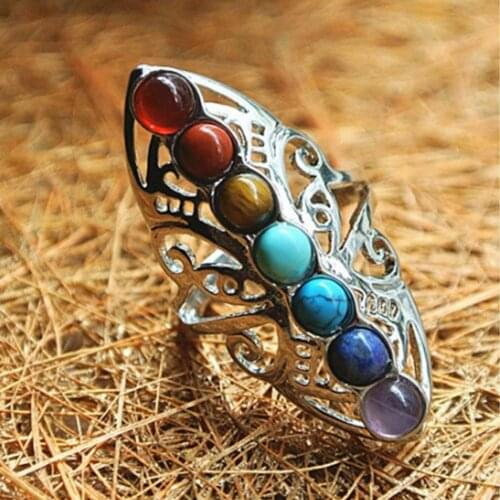 Plated 7 Chakra Healing Hollow Thumb Reiki Natural Stones Ring for Women Adjustable Ring Boho Jewelry
