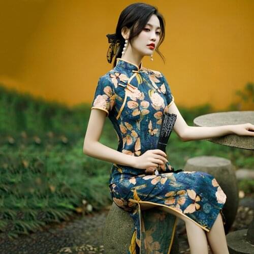 Cheongsam Chinese Womens Dress High Slit Monolayer Butterfly Floral Printed Cotton Linen Short Sleeve Elegant Retro Midi Dress