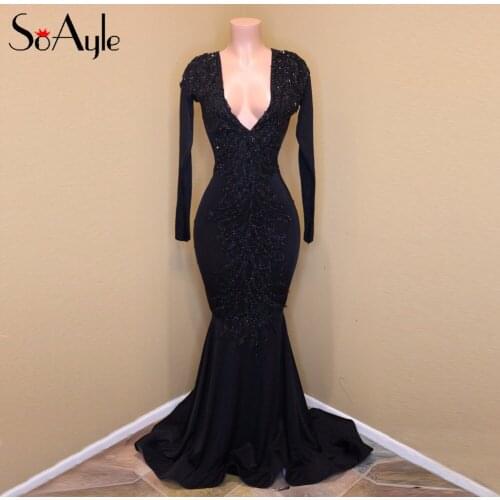 SoAyle Deep V-Neck Mermaid Evening Dresses Beaded Feather Center Piece Long Sleeves Prom Dresses Court train Vestidos De Festa