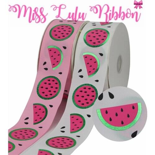 3"75mm Watermelon Green Hologram Foil Black Pink Ink Printing Printed Grosgrain Ribbon DIY Hair Bowknot Solid Color 50yards/roll