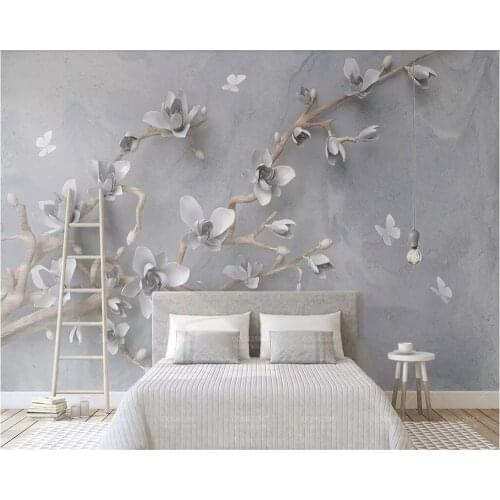 Beibehang Custom wallpaper 3d three-dimensional embossed magnolia butterfly modern minimalist TV background wall 3d wallpaper