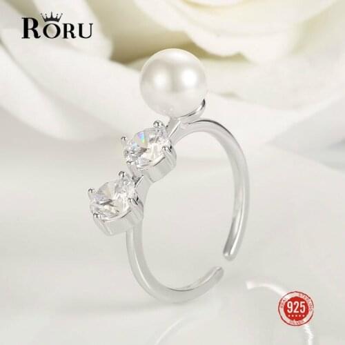 925 Sterling Silver Adjustable Rings Women Natural Freshwater White Pearl Rings Drop Crystal Rhinestone Wedding Rings