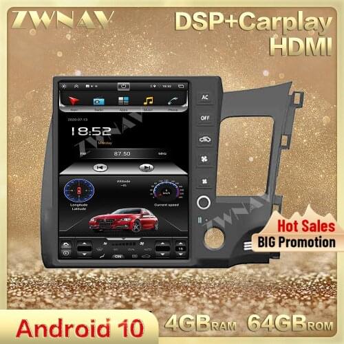 Tesla Style vertical Screen 4GB+64GB Android 10.0 car multimedia player For Honda civic 2008-2011 car radio stereo GPS head unit