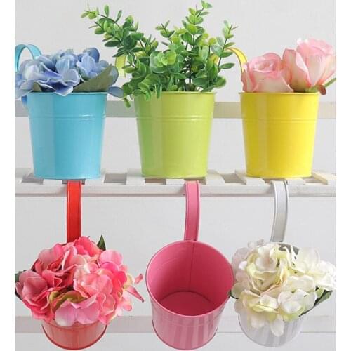 Flower Bucket Planter Iron Pot Garden For Railing Fence Retro Can Be Hung On Balconies Home Decor Balcony With Detachable Hooks