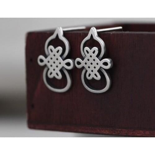 FNJ Chinese Knot Gourd Stud Earrings 925 Silver Original Pure S925 Sterling Silver Earring Women Jewelry Matte