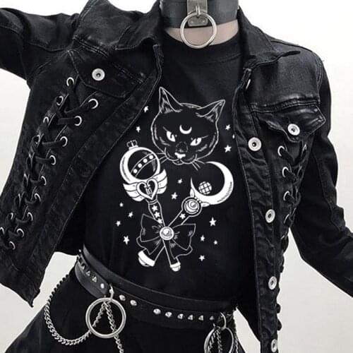 New Harajuku T-shirt Gothic Women Tshirt Sailor Month Cat Print T-shirts Female Tees camiseta de las mujeres Punk Short Sleeve