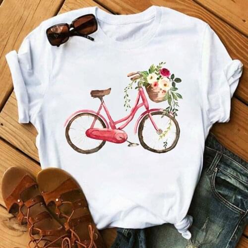 New Female Fashion TShirt Bicycle and Watercolor Floral Printed Aesthetic White Casual Round Neck Ladies Tee Tshirt