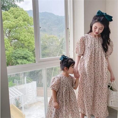 Adult Mom Baby Girls Dresses for Family Matching Clothing Mother Daughter Matching Floral Cotton Dress