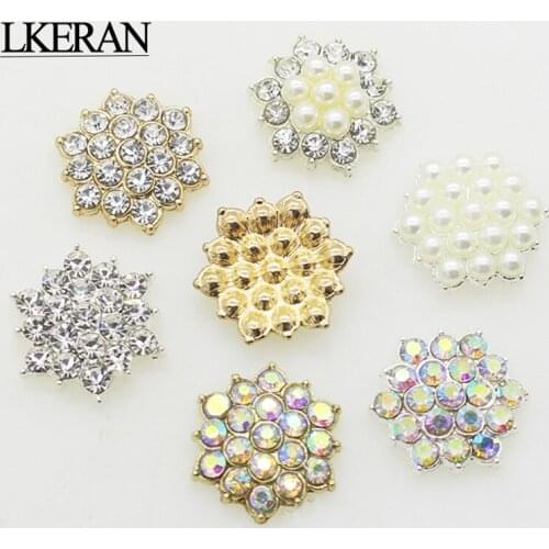 LKERAN 10Pc/lot 18mm Flower Rhinestone Buttons Flatback Plating Pearl Decoration Apparel Accessories DIY Craft Manual