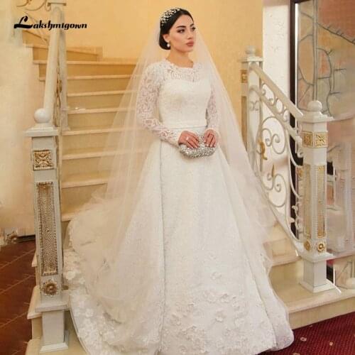 Lakshmigown Long Sleeve Muslim Wedding with Veil Dress Scoop Neck Lace Upper Modern A Line Bridal Gown vestido de noiva Gelink