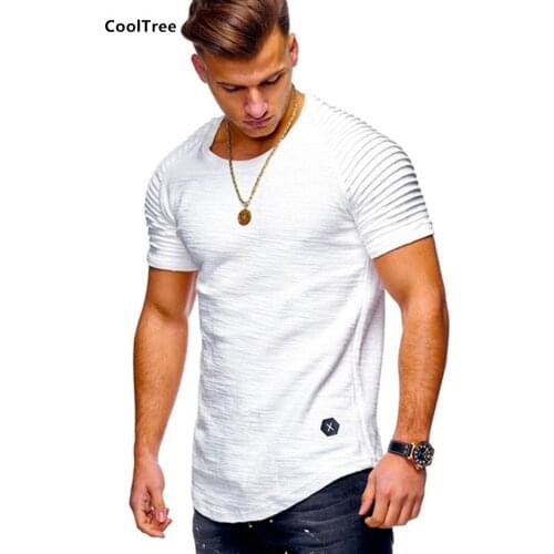 CoolTree Men T-Shirts Spring Summer Pleated Patch Short sleeve T Shirt Male Slim Fit Solid color Casual T Shirts Round neck Tees