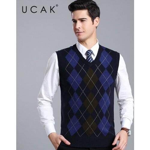 UCAK Brand Streetwear Wool V-Neck Vest Autumn Winter Striped Sweater Vests Men Clothes Sweater Pull Homme Men Clothing U1117