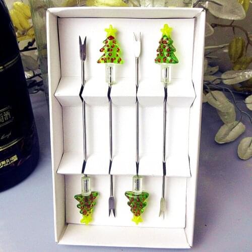 Custom handmade murano glass christmas tree accessories fruit fork set tableware stainless steel Cocktail Cake dessert sticks