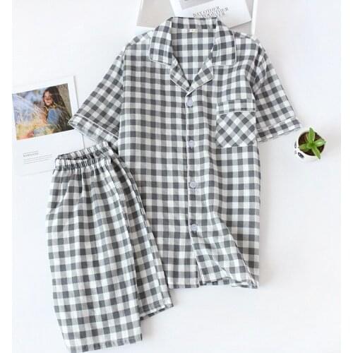 Women Pajamas Casual Palid Printed Gauze Unisex Adult Cotton Sleepwear 2 Pcs Casual Short Sleeve Pajamas Set Femme Home Clothes