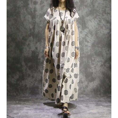 Women Cotton Linen Dot Printed Loose Dress Female Plus Size Wrinkle Retro Dress Ladies Cute big Size Dresses 2018