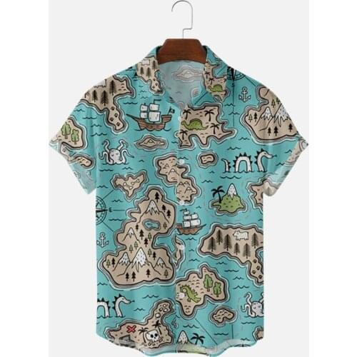 2021 Korean Fashion Mens Map Printed Turn Down Collar Short Sleeve Casual Shirts Plus Size 5XL 6XL