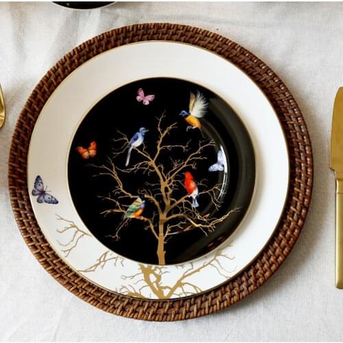 Bird and tree tracing gold bone china dinner plate afternoon tea double ceramic dessert plate