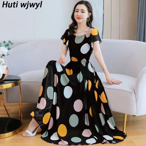 2021 Print Chiffon Beach Vacation Maxi Dress Summer Vintage 4XL Plus Size Boho Dot Sundress Elegant Women Bodycon Party Vestidos