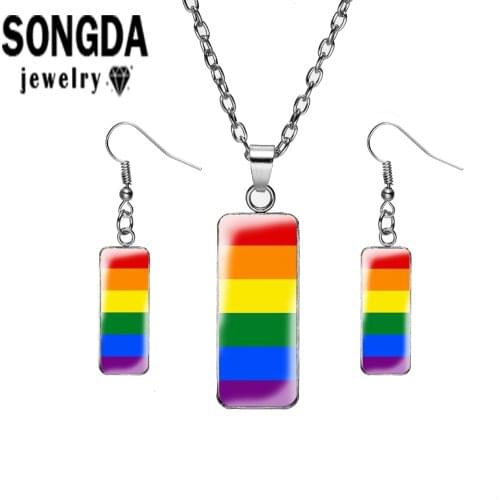 SONGDA Jewelry Sets LGBT Rainbow Pride Flag Art Pattern Handmade Trinket Glass Dome Rectangular Earrings & Pendant Necklace Set
