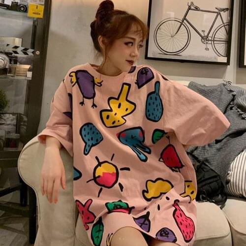 Loose plus size 2021 short-sleeved super fire graffiti printing mid-length student T-shirt female half-sleeved top clothes