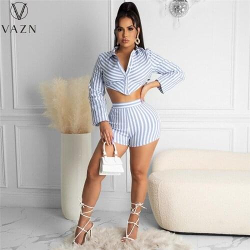 VAZN 2021 Striped Summer Bandage V-Neck Full Sleeve Sport Clothing Suits 2 Piece Set Women Top And Pant