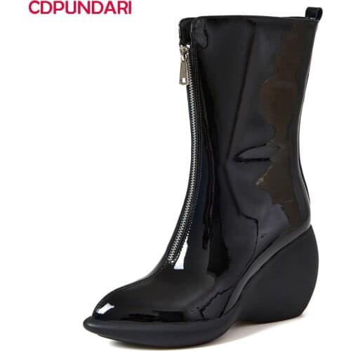 Black Genuine Leather Wedges Platform Ankle Boots Women Autumn Winter Super High Heels Boots Shoes Bottes Plateforme Femme