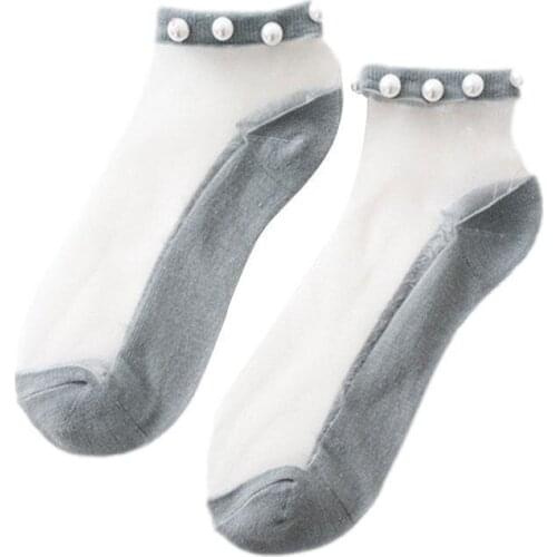 Women Summer Mesh Socks New Fashion Pearl Bead Transparent Sox Thin Stretch Ankle Net Nylon Yarn Cool Women Socks Socks Gir R5S6