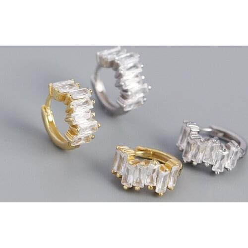 Fashion Pave Rectangular Geometric Crystal Zircon Small Hoop Earrings for Women Genuine 100% 925 Sterling Silver Jewelry