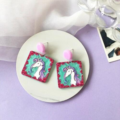 Oil Painting Style Jewelry Dream Girl Unicorn Drop Earrings For Women Fashion Accessories Romantic Sweet Gift 2021 New
