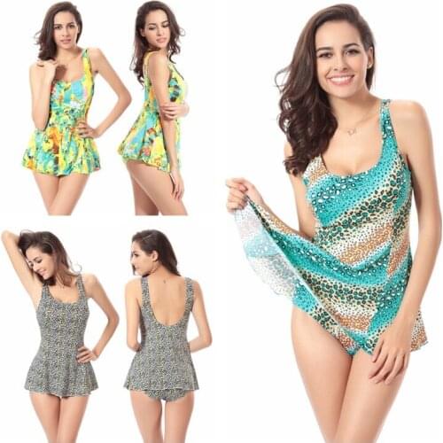 Large Size Women Sexy Ladies Swimming Skirt Print Backless Push Up Swimsuit Padded One Piece Retro Style Swimwear Bathing Suits