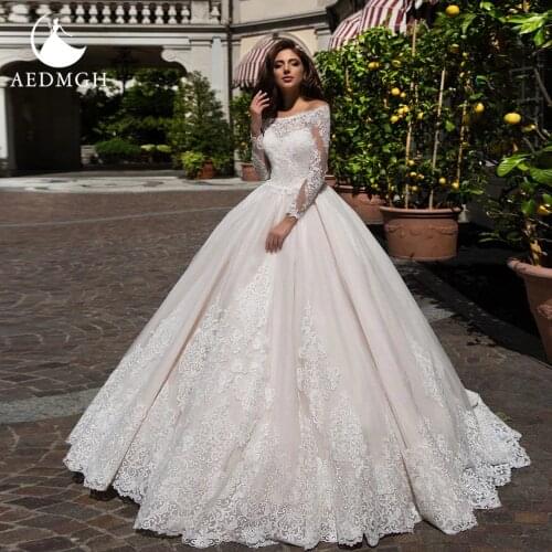 Aedmgh Ball Gown Wedding Dresses 2021 Boat Neck Long Sleeve Robe De Mariee Gorgeous Appliques Princess Empire Vestido De Novia