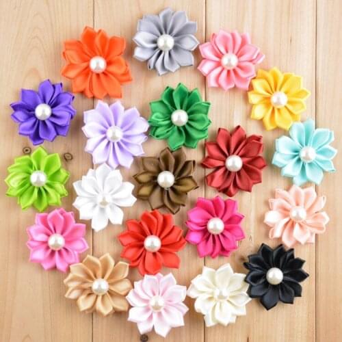 2" Satin Ribbon Multilayers Flowers With Pearl girls Hair Accessories 20 Color in stock 30pcs/lot Free shipping FH04