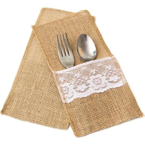 2 Pcs Burlap Lace Cutlery Holders Vintage Jute Cutlery Pocket Knife And Fork Bag For Wedding Party Decoration