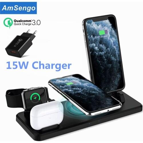 15W 4 in 1 Qi Wireless Charging Stand For Apple Watch 5 4 3 2 1 iPhone 12 11 X XS XR 8 Airpods Pro Qi Fast Charger Dock Station