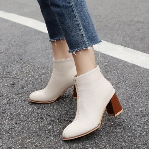 White Ankle Boots for Women Chunky Boots High Heel Autumn Winter Pointed Toe Booties Woman Fashion Zipper beige Black Boots 2019