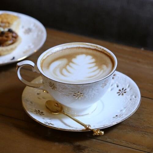 French Coffee Cup Dish Lace Pattern Ceramic Embossed Hand-painted Gold Flower Coffee Cup Afternoon Tea Cup