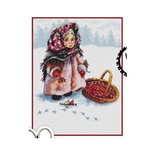 Hh WUYU Lovely Counted Cross Stitch Kit Russian Winter Girl Child and Cherry Red Fruits in Snowy Day