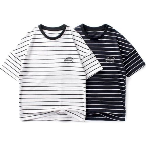 IENENS Summer Striped T-shirt Clothes Kids Clothing Boys Loose Sweatshirts Child Cotton Short Sleeve Tees Girl Tops
