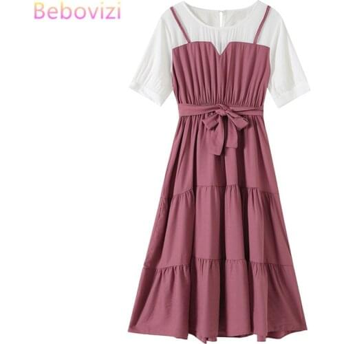 Fake Two Pieces 2020 New Red Purple Korean Dress Elegant Summer O-neck A-line Sweet Midi es for Woman