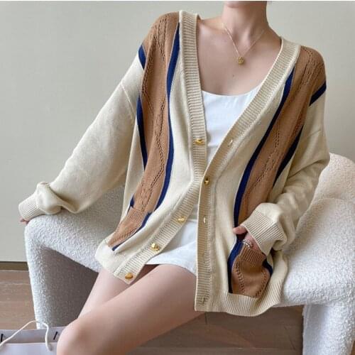 Women Cardigan Long Sleeve Pockets Oversize Loose V-neck Soft Mixed Colors Sweater Coat 2021 New Autumn Winter Knitted Jacket
