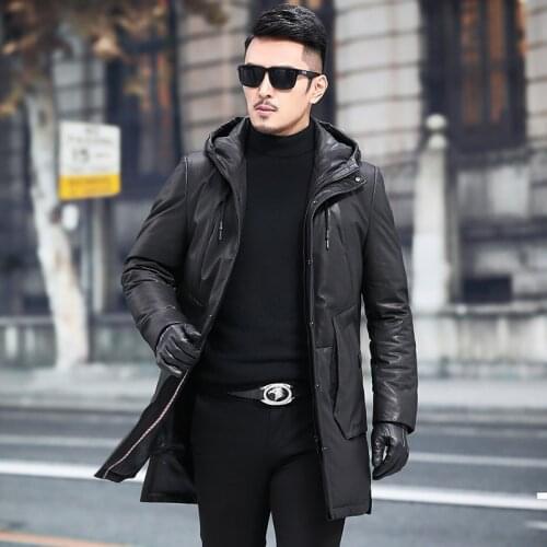 Leather Jacket Sheepskin Genuine Leather Jacket Men Winter Warm Duck Down Coat Hooded Mens Leather Jacket 18077-08 YY698