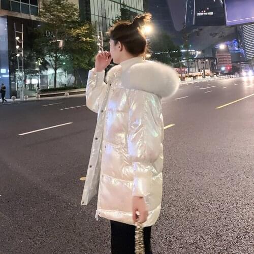 Autumn winter Fashion long sleeve Hooded Sustans Coat women loose Big fur collar Thick jacket White bright Surface Parkas Mw916