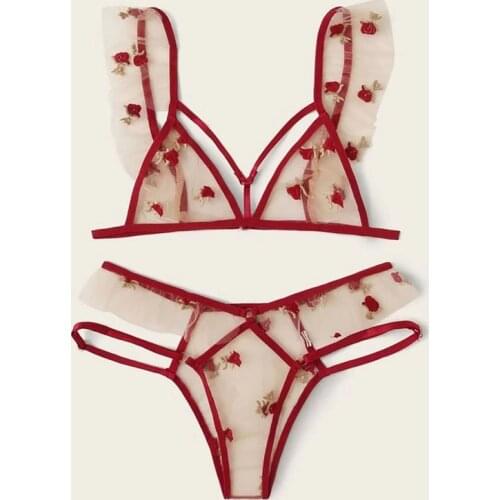 Top Fashion Transparent Lace Printing Front Buckle Breathable Sexy Underwear European And American New Summer Three-Point Piece