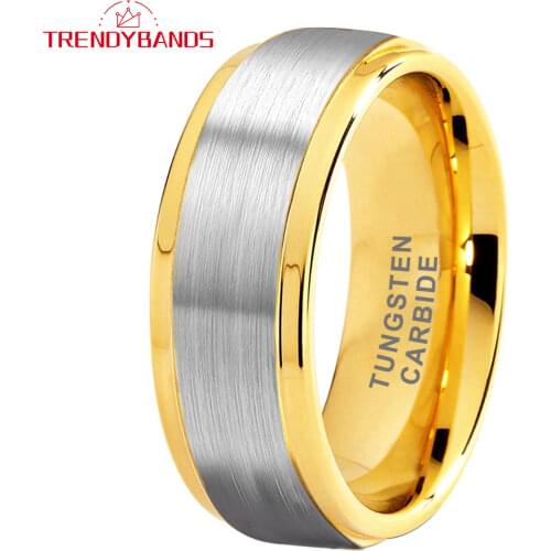 Gold 8MM Tungsten Carbide Rings For Men Women Wedding Band Stepped Edges Brushed Finish Comfort Fit