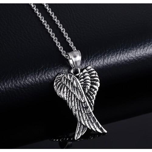 Men Necklaces Stainless Steel Gothic Vintage Double Angel Wings Pendant Collier Kolye Mens Fashion Biker Jewelry CX54