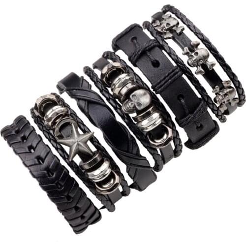 Six-pcs sets Leather Bracelet Bangle Mechanical Wind Punk Alloy Skull Star Mens Weave leather rope wax rope adjustable Bracelet