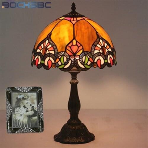 BOCHSBC Tiffany Style Table Lamp Stained Glass Chili Gemstone Desk Light Orange Color Lampshade Alloy Frame Base Handcraft Arts