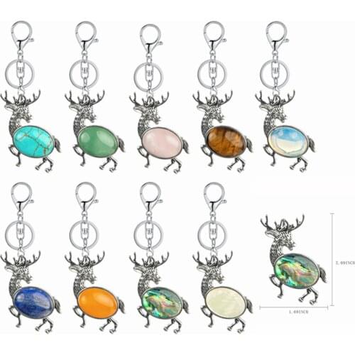 Natural Stone Sika Deer Pendant Keychain Reindeer Quartz Crystal Healing Reiking Charms Chakra Steel Vintage Necklace Accessory